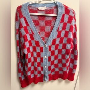 OAK + FORT Red and Blue Checkered Cardigan